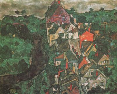 Egon Schiele Krumau Landscape (Town and River) (mk12) Norge oil painting art